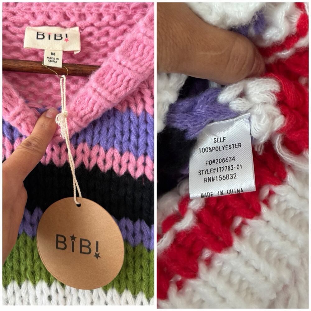 BiBi Sweater M Chunky Knit Striped Bell Sleeve Crop Pullover Colorful Boho NWT - Picture 3 of 9